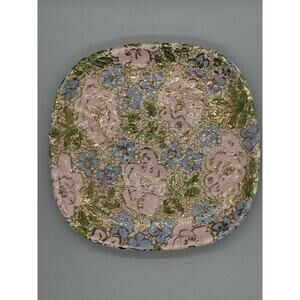Signed Pottery Bay View 5” Plate Gold Raised Paint with Pink and Blue Flowers